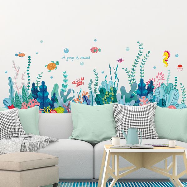 [Shijuehezi] algas marinha adesivos diy peixes água plantas de parede decalques para crianças sala de bebê banheiro casa de banho decoração 210308