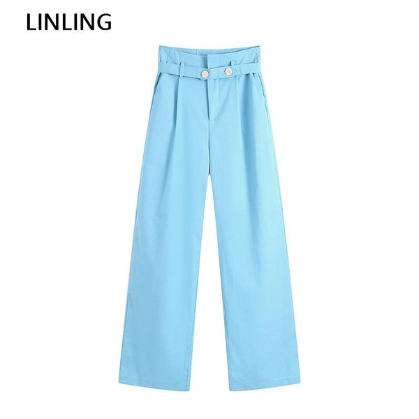 

women's pants & capris women 2021 fashion buttons sashes side pockets wide leg za casual high waist zipper solid color female long trou, Black;white