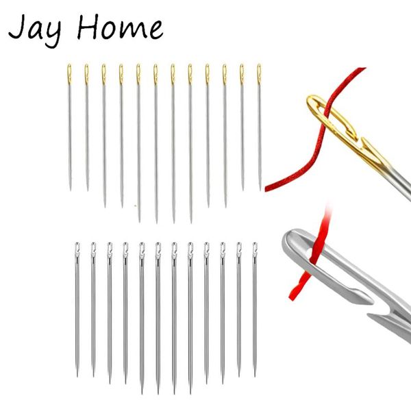 

12pcs self threading needles stainless steel hand sewing needles opening stitching embroidery diy repair sewing tools, Black