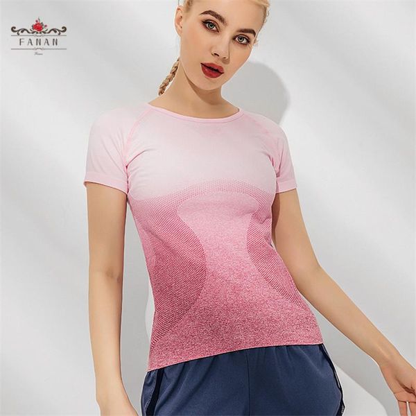 

women sports yoga t-shirts fitness running short sleeve gradient shirts gym workout exercise quick dry slim yoga tees, White;red