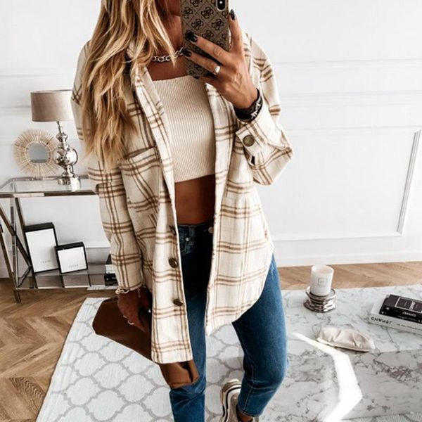 

casual plaid spring autumn women's shirt street fashion thick long sleeve button collar clothing pink beige black 2021, White