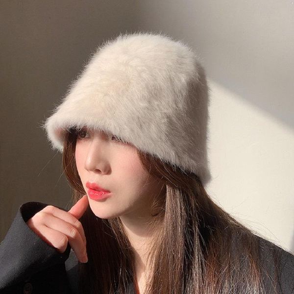 

wide brim hats fisherman's hat retro knitted wool basin bucket warm winter women's fashion solid color fur cap, Blue;gray