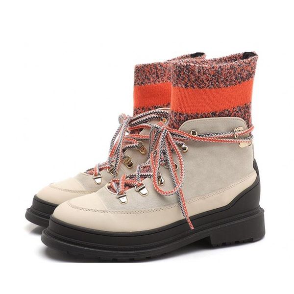 

boots thick bottom street knitting thin socks colorful crossing tied cow suede women fashion metal hole brand, Black