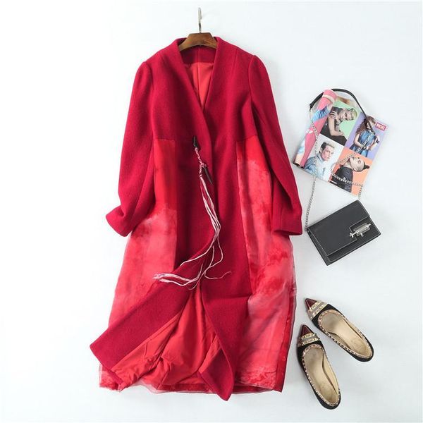 

autumn and winter 2021 woolen cloth with national fashion woolen cloth and silk white duck down overcoat for women, Black