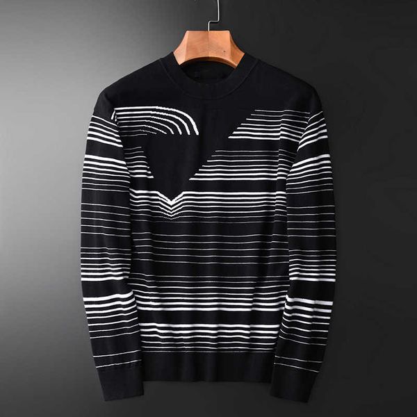 

minglu autumn men sweater luxury round collar stripe knitting pullover sweter men fashion casual slim fit mens sweater 4xl 201026, White;black