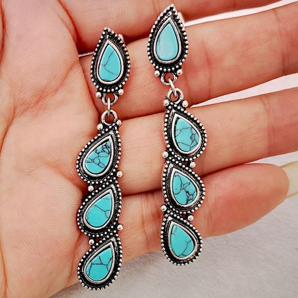 

dangle & chandelier vintage water drop blue stone long string earrings for women bohemian jewelry tibetan turquoises b3d295, Silver