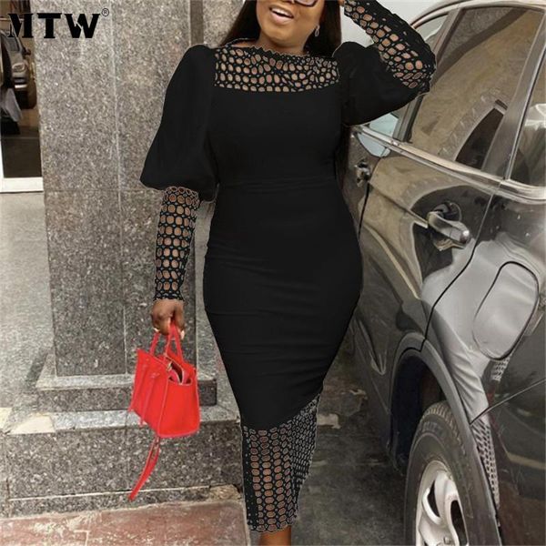 

casual dresses elegant patchwork mesh hollow out office dress 2021 women high waist bodycon vintage long lantern party, Black;gray
