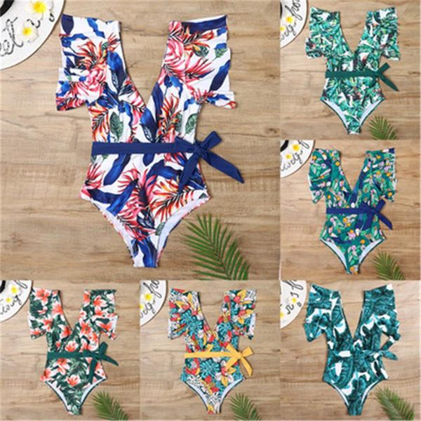 

ruffle sleeve one piece colorful swimsuit new style swimwear print bodysuit summer beach monokini ladies bathing suit