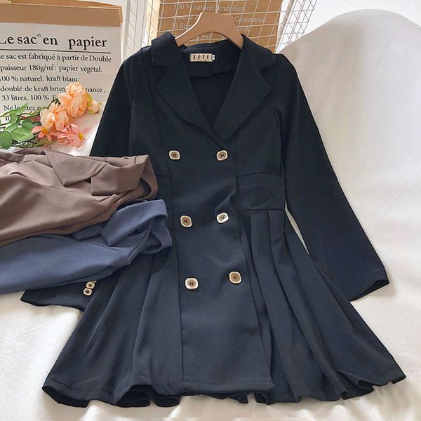 

ins autumn dress korean version net red temperament suit lapel double row button high waist a-line pleated shows thin short skirt, Black;gray