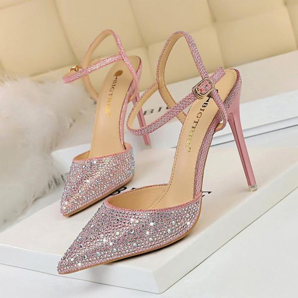 

women shoes 2021 fashion banquet high heel thin heel shallow pointed perforated color diamond shiny rhinestone sandals, Black