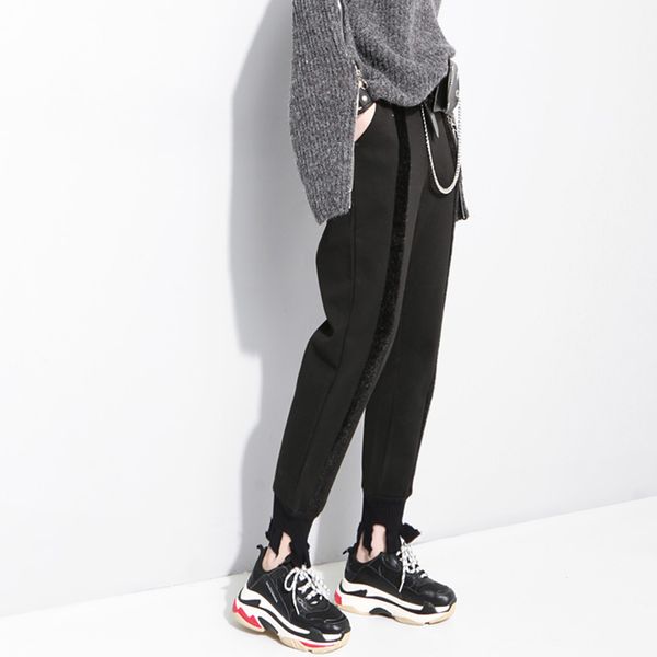 

black womens loose harem pants velvet side striped high waist casual trousers female fashion 2021 autumn clothing, Black;white