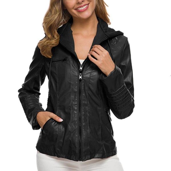 

fashion jassen herfst faux leather lange mouwen hooded rits motorjas women clothing women's short 2021, Black;brown