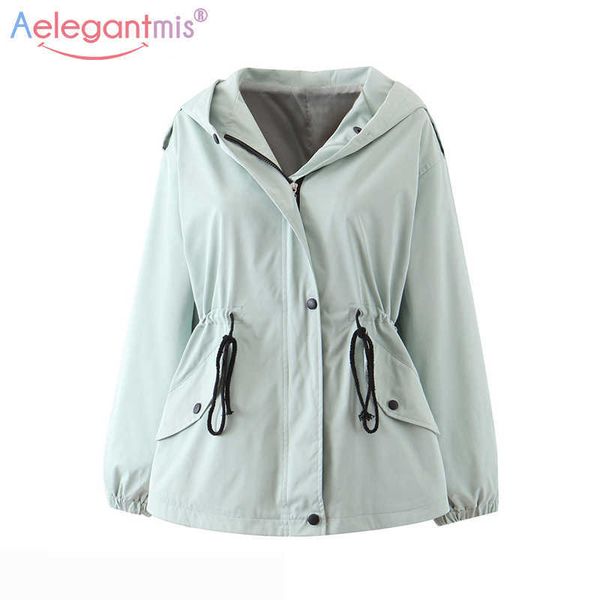 

aelegantmis autumn casual short trench coat women fashion hooded loose outwear ladies streetwear slim outerwear 210607, Tan;black