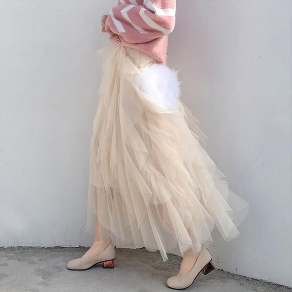 

fashion tutu tulle long women skirt maxi spring korean black pink high waist pleated female