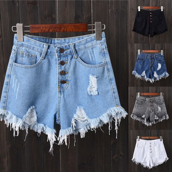 

fashion tassel denim hole shorts summer women casual high waist solid jean short female button pockets loose shorts, Black;white