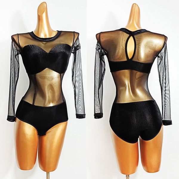 

latin dance women see-through mesh leotard latin dance wear samba rumba salsa practice clothes show wear vdb2937, Black;red