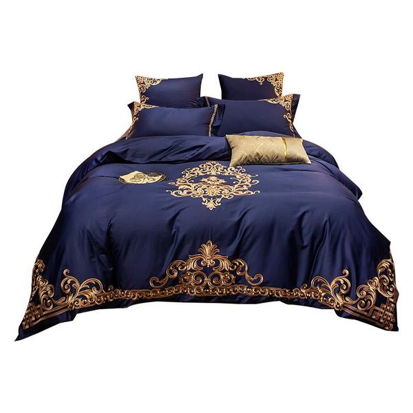 

60s egypt cotton luxury bedding sets  super king size egyptian embroidered europe duvet cover bedsheets dark blue bed sets