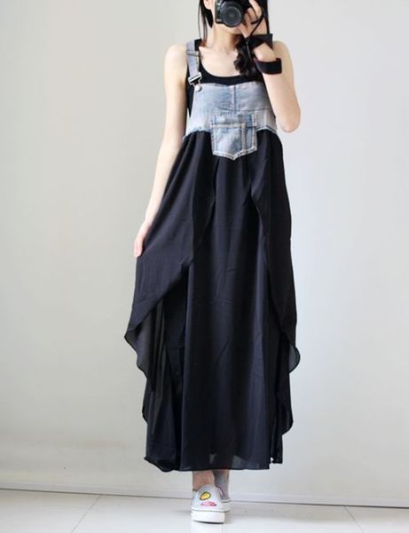 

fashion long with ruffle, loose size denim strap swing, White;black