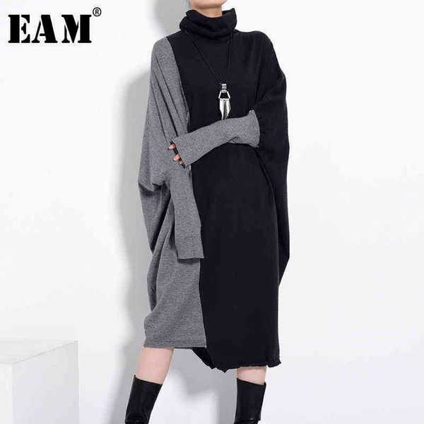 

[eam] women black gray knitting big size long dress new turtleneck long sleeve loose fit fashion tide autumn winter 2022 1d67501 g1214