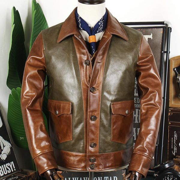 

men's leather & faux splicing head layer oil wax cowhide coat lapel slim locomotive british jacket, Black