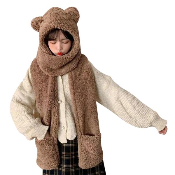 

scarves winter women novelty caps warm cute bear ear hat casual 3-in-1 plush scarf gloves solid fleece caps-wt, Blue;gray
