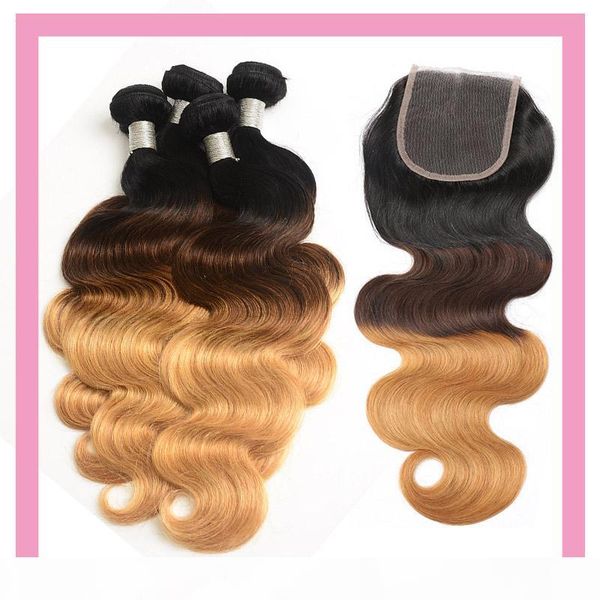 

indian virgin hair ombre human hair bundles with 4x4 lace closure body wave 1b 4 27 three tones color body wave 10-28inch, Black;brown
