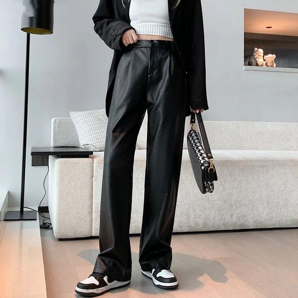 

women's pants & capris 2021autumn winter fashionblack pu leather women high waist woman trousers streetwearhave pockets wide leg loosep, Black;white