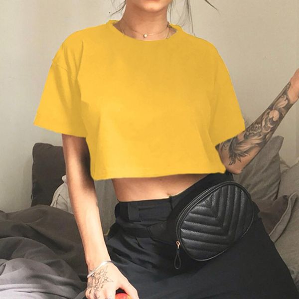 

women summer crop t-shirt fashion women solid color o-neck short sleeve crop casual cotton loose tee shirt roupas feminina, White