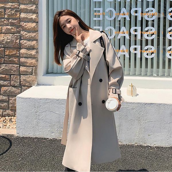 

women's trench coats [ewq] korea khaki coat women autumn 2021 laple loose lace up waist double breasted long sleeve short windbreaker, Tan;black