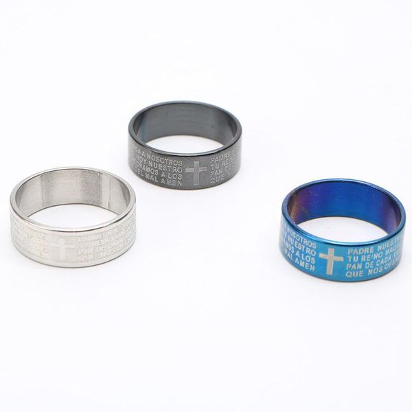 

wedding rings europe classic jewelry stainless steel letter bible for men women prayer 3pcs/lot silver blue black band jesus cross ring, Slivery;golden