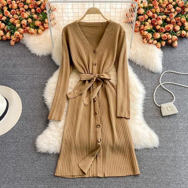 

casual dresses women korean knitted dress long sleeve single breasted autumn winter fashion knitting sweater, Black;gray