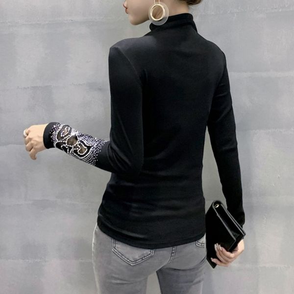 

2021 new fall winter european clothes t-shirt chic transparent shiny cotton diamonds beads women ropa mujer tees black t09201l om8, White