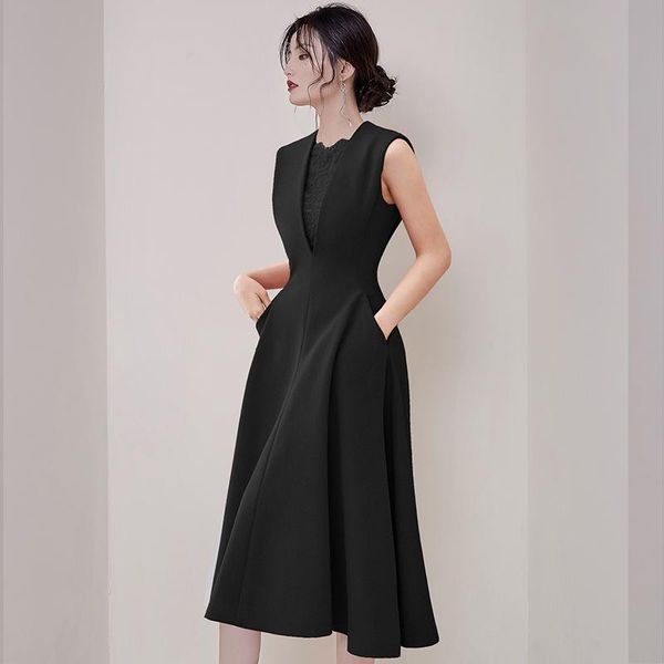 

casual dresses lace inlaid and small black dress for ladies, Black;gray