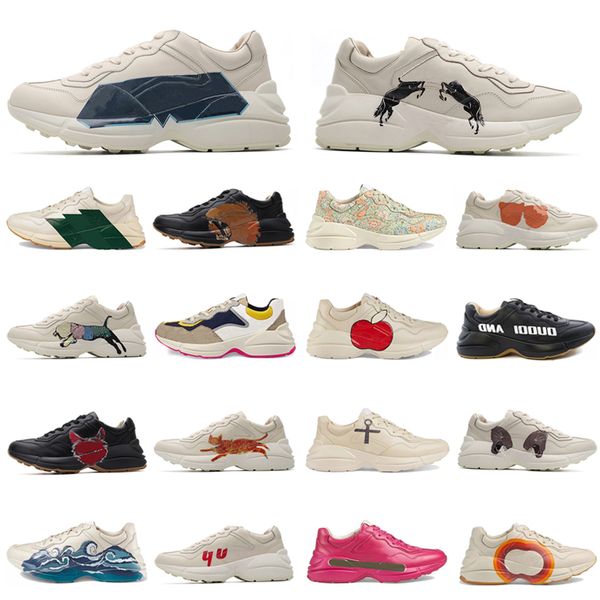 

rhyton vintage leather sneakers mens designer shoes womens casual shoes classic white leather thick sole vintage trainer dad shoes g5de#245, Black