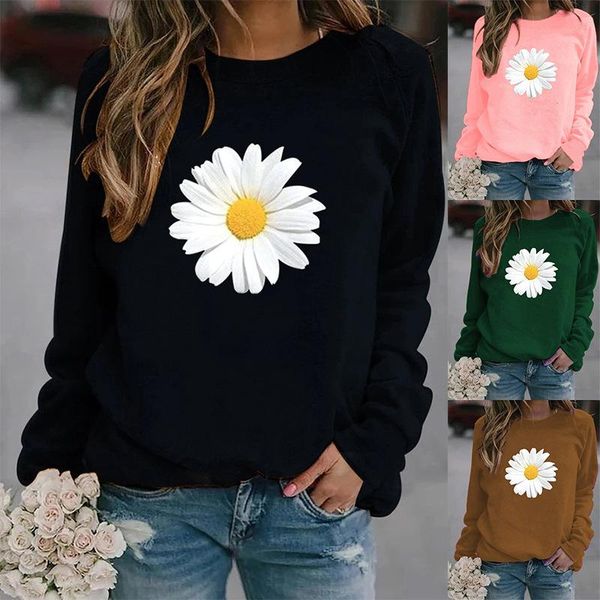

women's hoodies & sweatshirts women hoodie daisy printed fleece long sleeve o neck loose sweatshirt girls pullovers winter, Black
