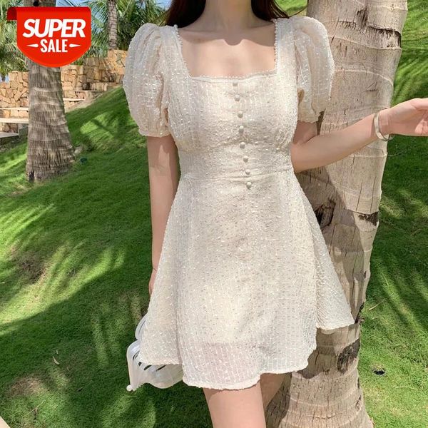 

puff short sleeve print women's mini dress summer single breasted ladies short dresses 2021 korean elegant slim female clothes #a08f, Black;gray
