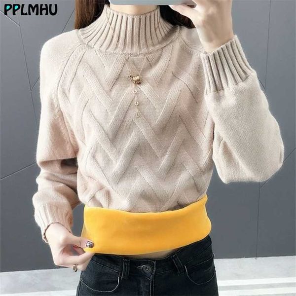 

casual plus velvet knitted ribbed sweaters for women winter warm solid colors pullovers arrival korean knitwear female 211103, White;black