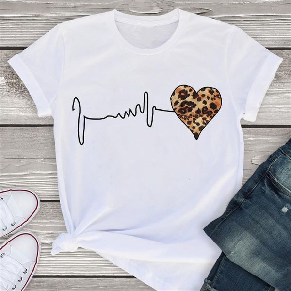 

graphic leopard heartbeat fashion love womens print short sleeve summer tees clothing female t, White