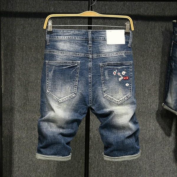 

men's jeans summer stretchy denim shorts mens vintage embroidery knee length trousers straight slim short male casual plus size, Blue