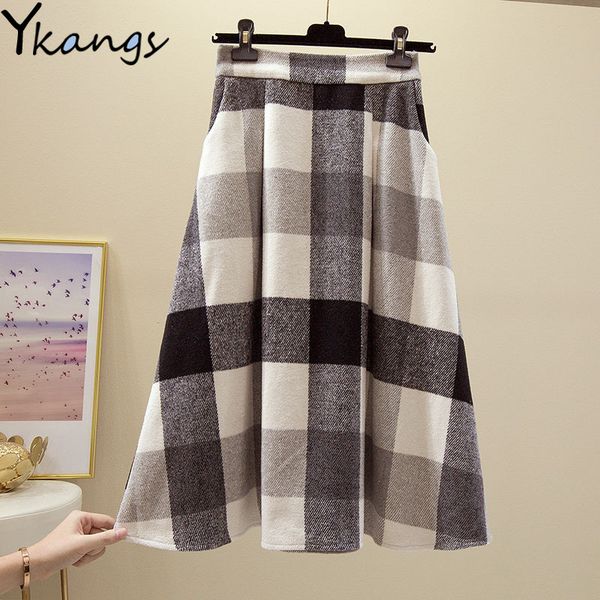 

2021 winter warm thickn vintage wool plaid women plus size high waist long skirt korean elegant good quality office lady skirts e8zt, Black