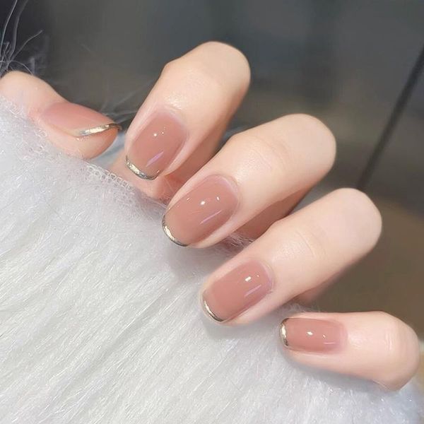 

false nails 24pcs circular bean sand pink french manicure patch removable dw, Red;gold