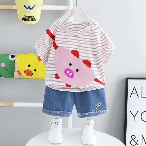 

girls boys and summer new cartoon short sleeve shorts two sets children's stripe t-shirt set 1396, White