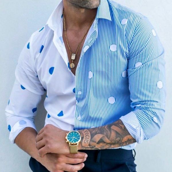 

men's casual shirts men shirt light color long sleeve hawaii button down trundown collar patchwork polka dot printed clothing, White;black
