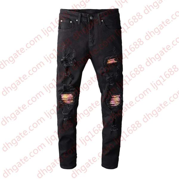

men's distressed destroyed jeans rainbow colored print ribbed patches skinny washed black skinny pants slim trousers #608, Blue