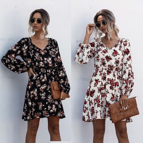 

2021 new summer v-neck flower print lantern mini vintage long sleeve party casual lace up dot women es gszb pspo, Black;gray