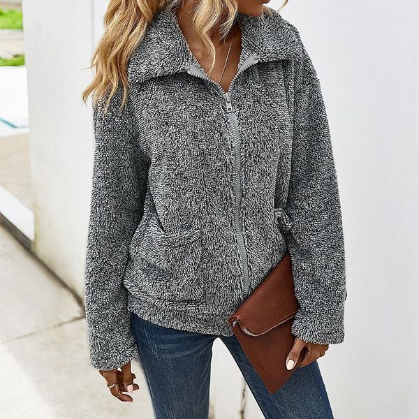 

women's fur & faux 2021 autumn winter thick warm plush coat female elegant lapel jacket with pockets casual loose zipper outerwear, Black