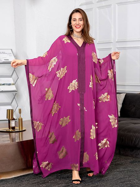 

loose dress v neck batwing sleeve golden stamp long muslim dresses plus robe vestidos, Black;gray