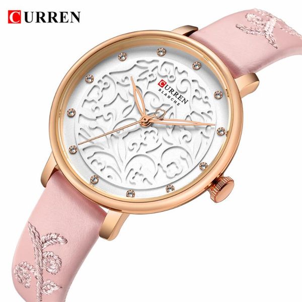 

wristwatches brand curren women watches pink leather wristwatch with rhinestone ladies clock fashion luxury quartz watch relogio feminin, Slivery;brown