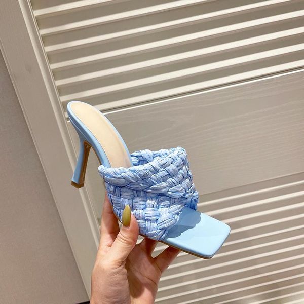 

2021 new summer high heels shoes women's gladiator slippers square head weave sweet female outside flip flops zapatos mujer, Black