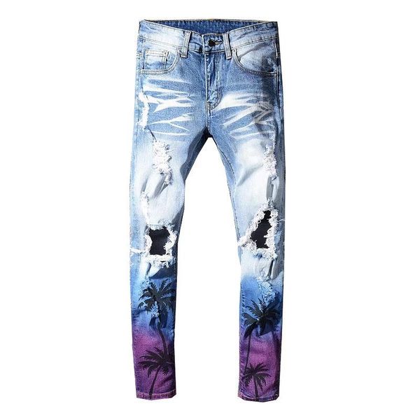 

men's jeans skinny men coconut palm printed colored ripped slim fit holes distressed stretch denim pants trousers, Blue